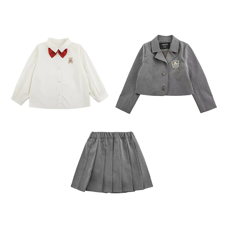 Custom-Long-Sleeve-Little-Girls-Clothing-Set-Shirt-Skirt-Jacket-Children-School-Uniform-Outfit