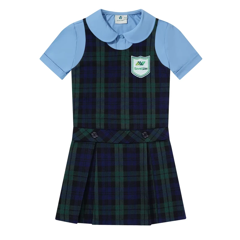 Custom-OEM-ODM-Green-Plaid-School-Uniform-Pinafore-Shirt-Set-Dress-School-Jumper-Uniform-Set-for-Classroom-Girls