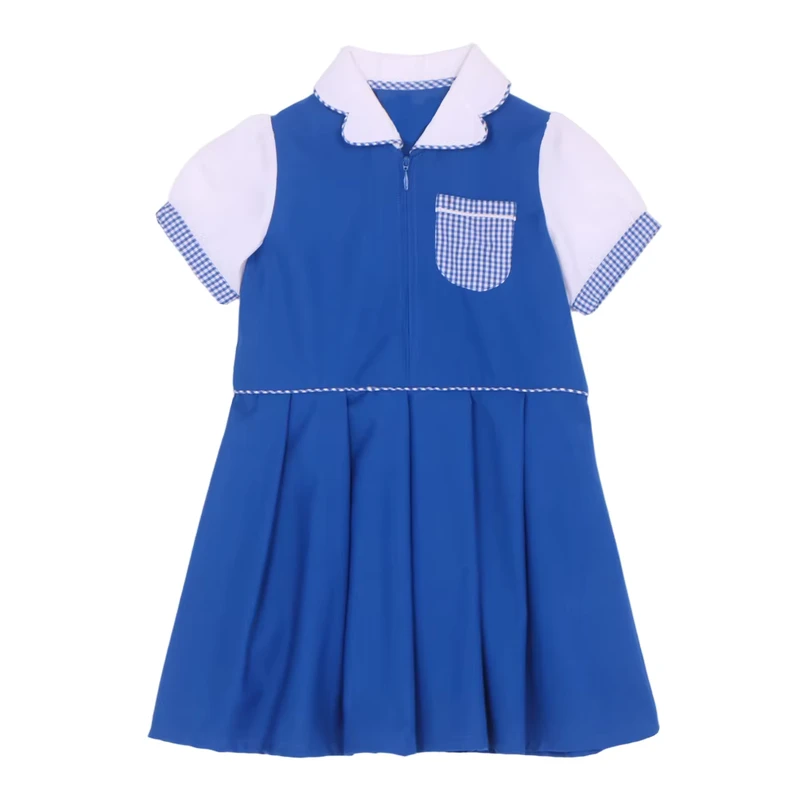 Custom-Polyester-Nylon-Anti-wrikle-Summer-School-Uniform-Pleated-Bottom-Dress-Pockets-Girls-Primary-School-Children-One-Piece
