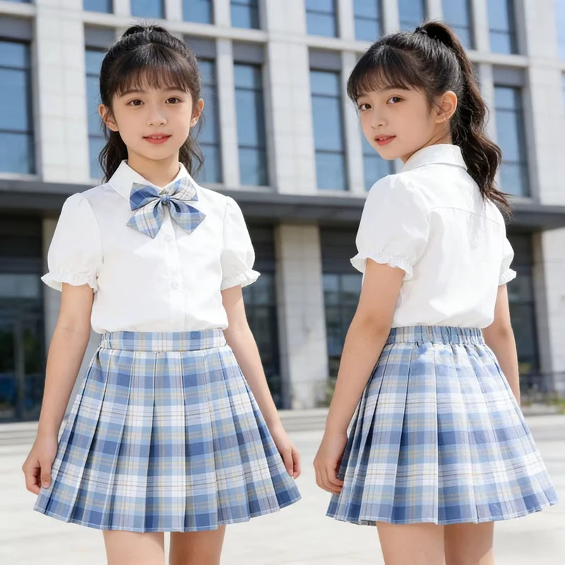 Custom-Preppy-Navy-Blue-Plaid-Skirt-Set-Lightweight-School-Uniform-for-Elementary-Kids