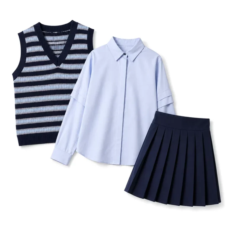Custom-Preppy-Style-Striped-Sweater-Vest-Blue-Shirt-Pleated-Skirt-Kids-Girls-School-Uniform-3-Piece-Set