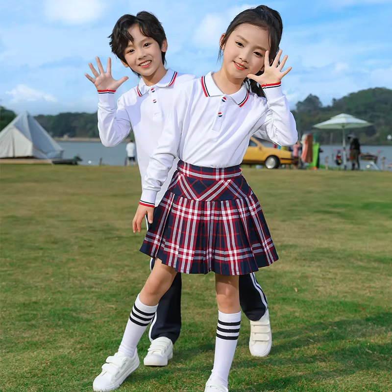 Custom-Primary-Kids-White-Blue-Long-Sleeve-Shirt-Plaid-Pleated-Skirts-Navy-Pants-School-Uniforms