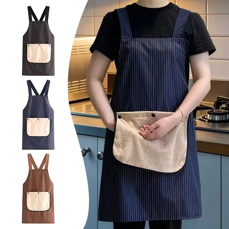 Custom-Restaurant-Uniform-Cross-Back-Striped-Apron-Waterproof-Cooking-Baking-Kitchen-Sleeveless-Apron-with-Removable-Hand-Towel