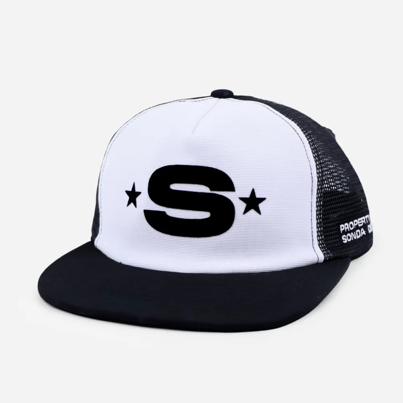 Custom-Retro-Style-Premium-Black-White-Flock-Print-Logo-Flat-Brim-Mesh-Back-Cap-Trucker-Hat-For-Global-Distributors