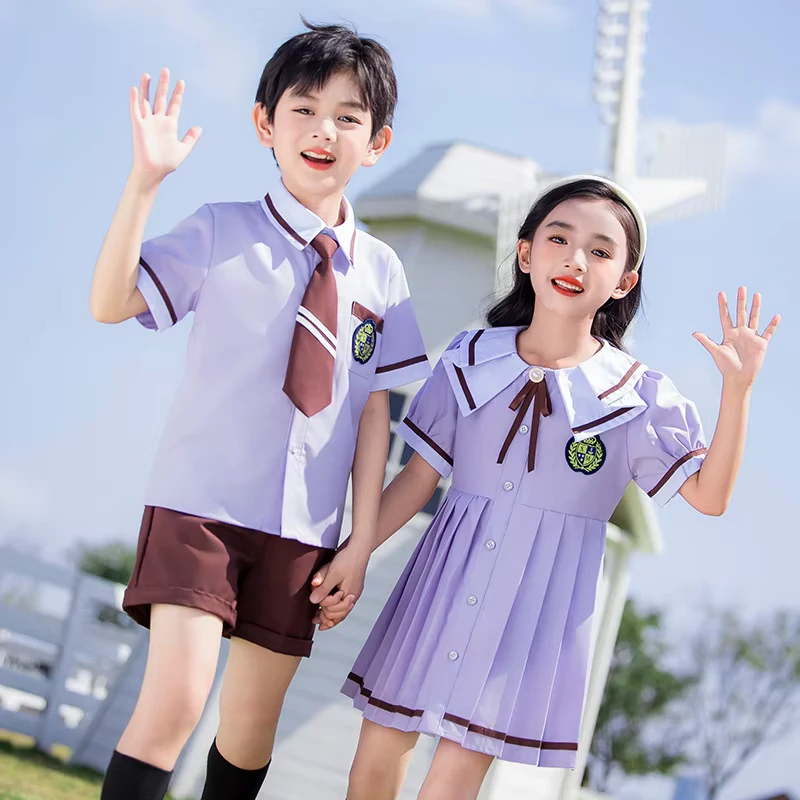 Custom-Student-School-Uniform-Crew-neck-Shirt-Skirt-Shirt-Shorts-2-piece-Set-Custom-Color-Badge-Free-Design