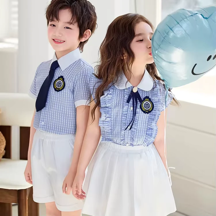 Custom-Summer-Short-Sleeve-Unisex-Tops-School-Uniforms-for-Kindergarten-Children-with-Embroidered-Logo-on-Pure-Cotton