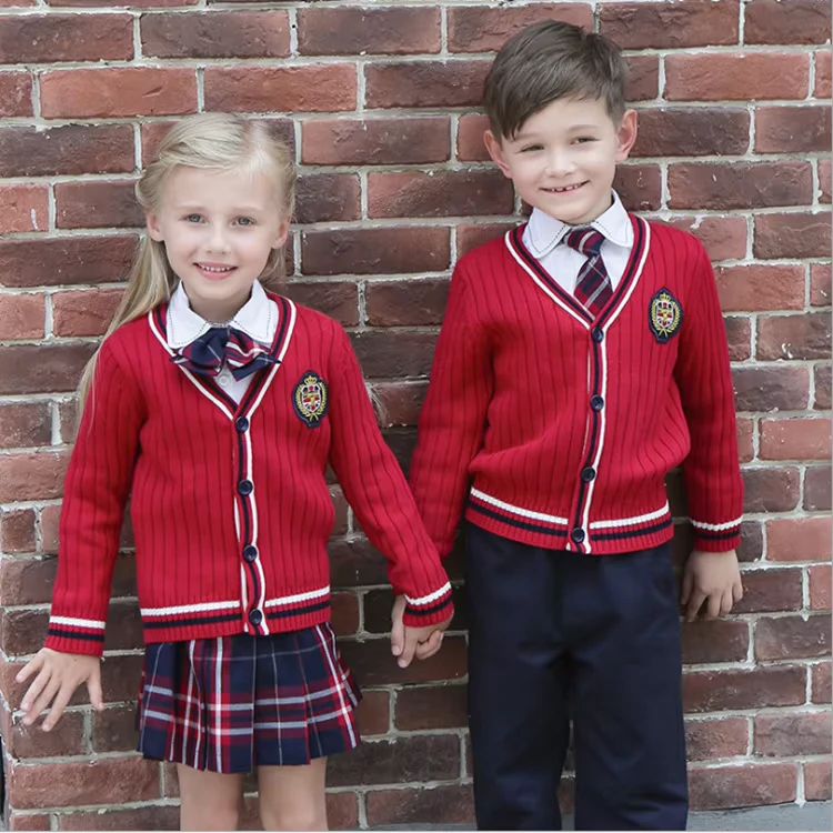Custom-Winter-Primary-Cardigan-Sweater-Jacket-Plaid-Skirt-and-Pants-Kids-Boys-Girl-High-School-Uniform