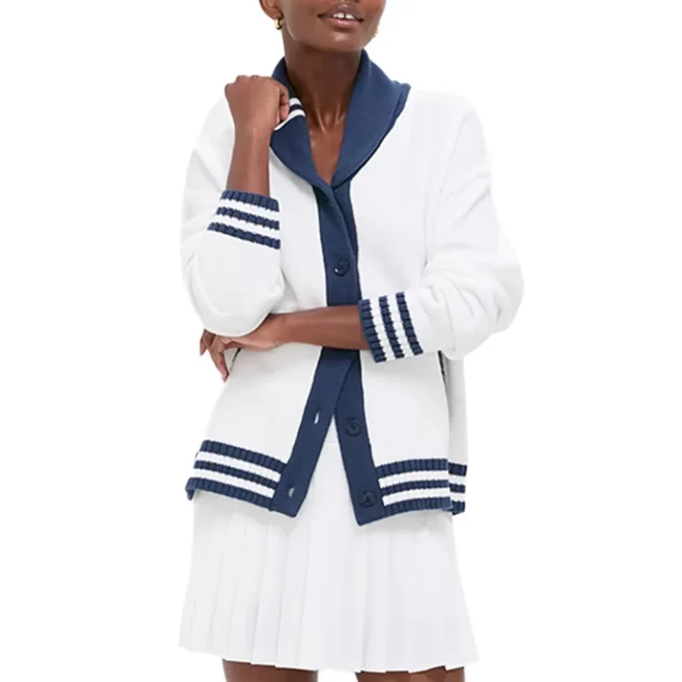 Custom-Women-Cardigan-Color-Block-100-Wool-Shawl-Collar-Ribbed-Knit-Preppy-Nautical-Oversize-Sweater