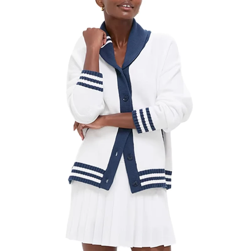 Custom-Women-Cardigan-Color-Block-100-Wool-Shawl-Collar-Ribbed-Knit-Preppy-Nautical-Oversize-Sweater