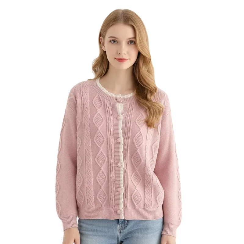 Custom-Women-Knit-Sweater-Long-Sleeve-Crew-Neck-Ladies-Sweater-Preppy-Style-Cable-Drop-Shoulder-Button-Women-Knit-Cardigan