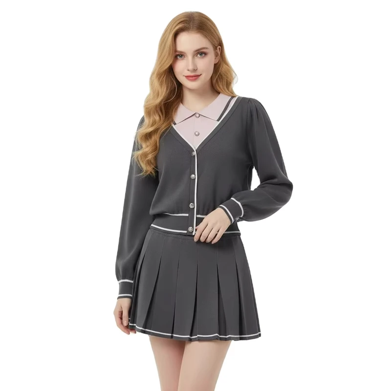 Custom-Women-Knit-Sweater-Suit-Puff-Sleeve-Polo-Neck-Ladies-Sweater-Two-Pieces-Contrast-Color-Preppy-Style-Knit-Skirt-Sets