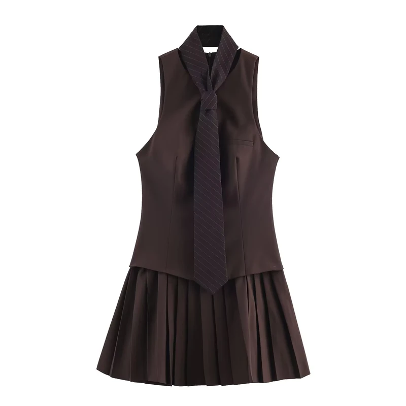 Custom-Women-Round-Neck-Sleeveless-Wide-Pleated-Hem-Tie-Detail-Short-Cut-Japanese-School-Uniform-Dress-ODM-OEM-Factory