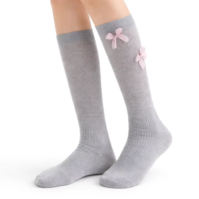 Custom-Womens-Autumn-100-Cotton-Ribbed-Knee-High-Socks-with-Bow-Breathable-Quick-Dry-for-School-Uniform-and-Daily-Wear