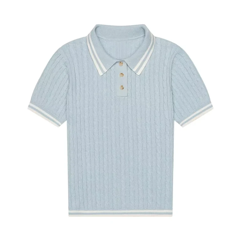 Custom-Womens-Cotton-Blend-Knit-Polo-Short-Sleeves-Cable-Knit-Contrast-Trim-Casual-Brunch-Dates-High-Quality-Solid