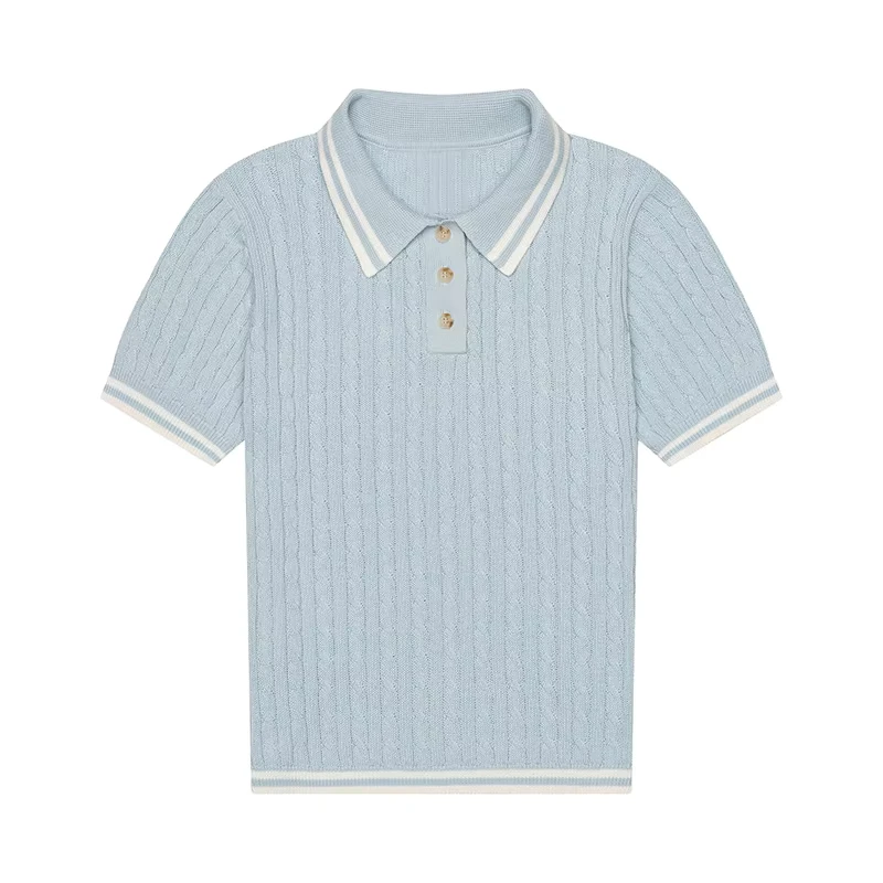 Custom-Womens-Cotton-Blend-Knit-Polo-Short-Sleeves-Cable-Knit-Contrast-Trim-Casual-Brunch-Dates-High-Quality-Solid