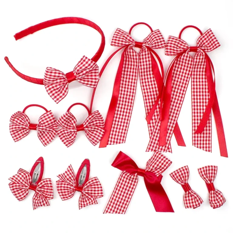 Customizable-Back-to-School-Students-Gingham-Hair-Accessories-Set-for-Girls-Gingham-Streamers-Hair-Clips-Tie-School-Headband