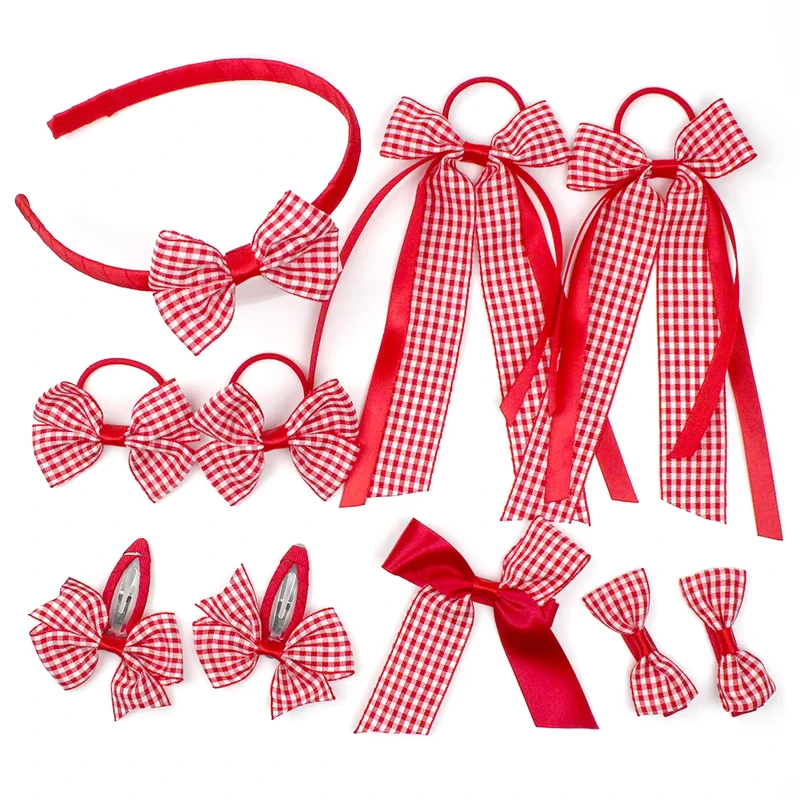 Customizable-Back-to-School-Students-Gingham-Hair-Accessories-Set-for-Girls-Gingham-Streamers-Hair-Clips-Tie-School-Headband
