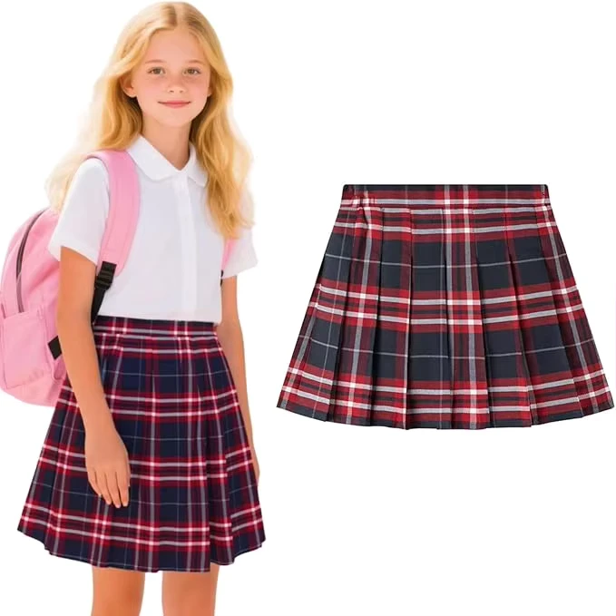Customizable-Girls-School-Uniform-Set-Classic-White-Cotton-Shirt-with-Plaid-Pleated-Skirt-for-Summer-Season-Poly-Cotton-Fabric