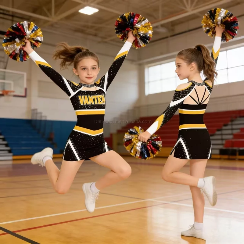 Customizable-Girls-Yellow-Black-Cheerleading-Uniform-Set-Sublimated-Printing-Rhinestone-Custom-Logo-School-Theme-OEM-Service