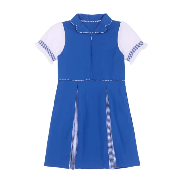 Customizable-One-Piece-School-Uniform-Lapel-Collar-Ruffle-Cuffs-with-Pockets-Checked-and-Anti-wrinkle-Fabric-Primary-Girl-Dress