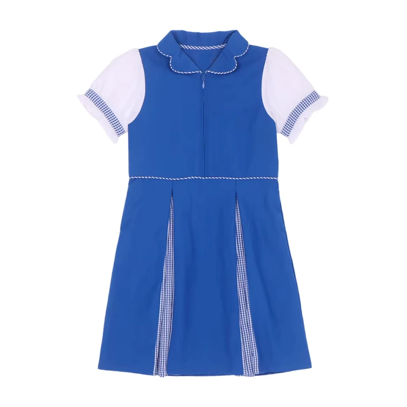 Customizable-One-Piece-School-Uniform-Lapel-Collar-Ruffle-Cuffs-with-Pockets-Checked-and-Anti-wrinkle-Fabric-Primary-Girl-Dress