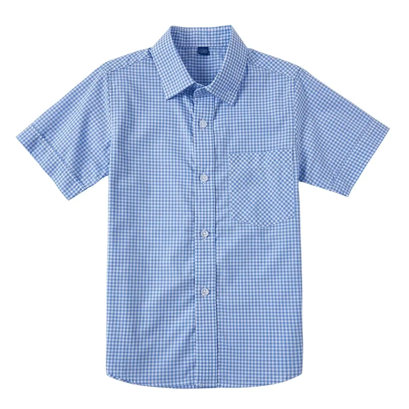 Customized-Color-Summer-Short-Sleeves-Kids-Primary-Students-School-Uniforms-Class-Team-Shirts-Plaid-Cotton-Tops-Boys-Shirts