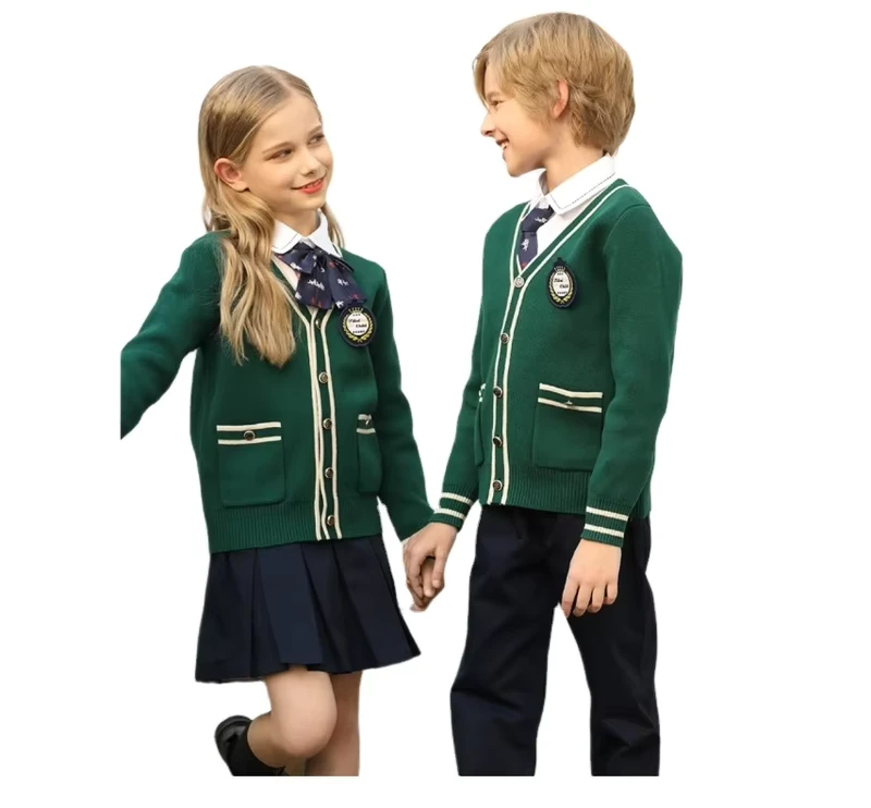 Customized-Girls-and-Boys-Green-Formal-Primary-Knitting-School-Uniform-Kids-School-Uniforms