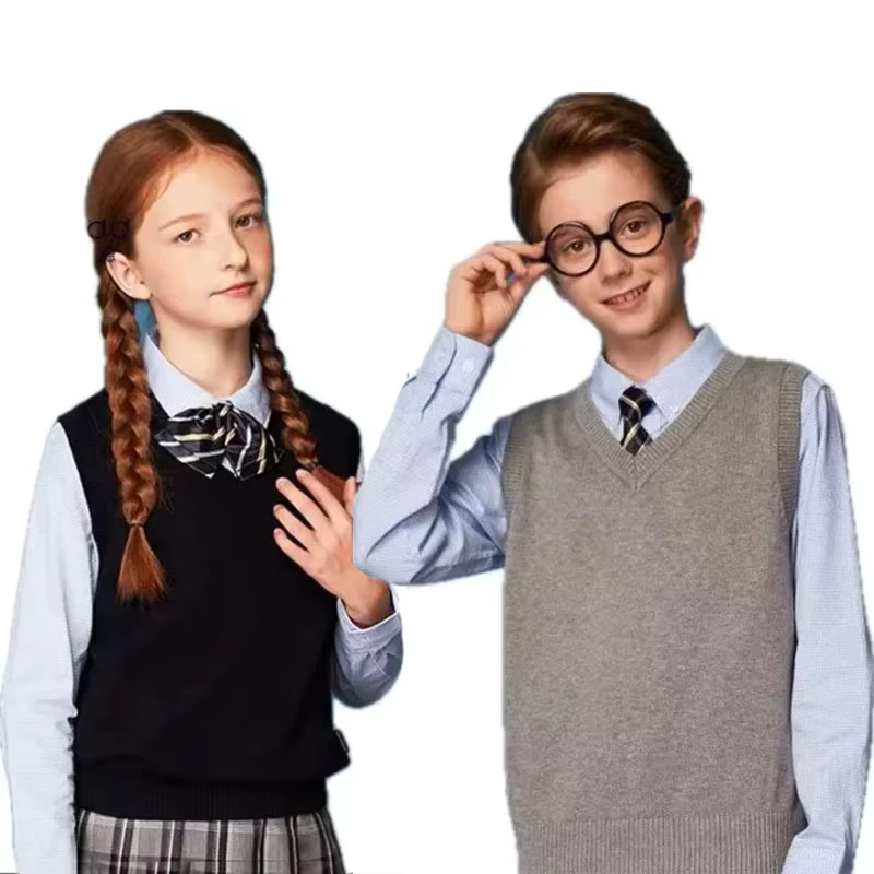 Customized-High-Quality-Childrens-Unisex-School-Uniform-Cotton-Acrylic-V-Neck-Sleeveless-Jumper-Vest-Knitting