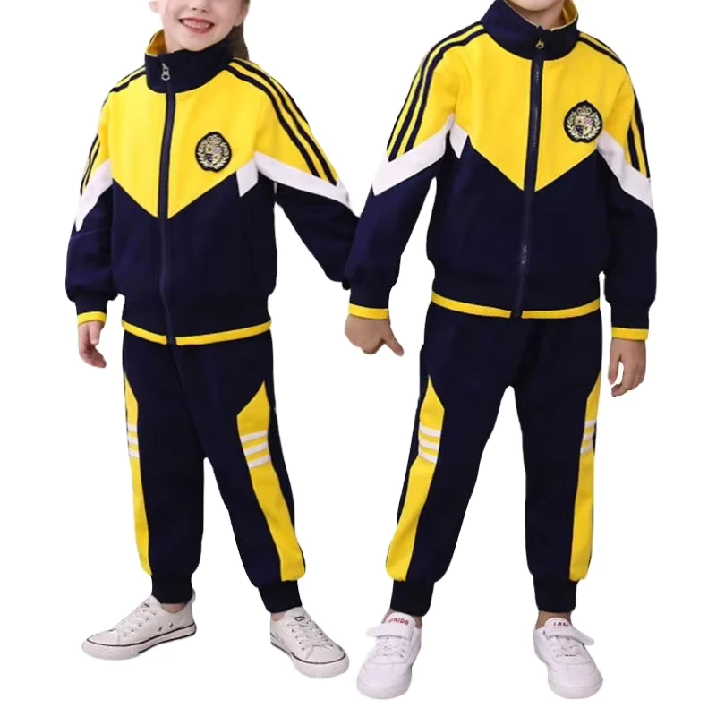 Customized-Kindergarten-Spring-and-Autumn-Primary-School-Childrens-Sports-Set-Yellow-Navy-Color-Block-School-Uniforms