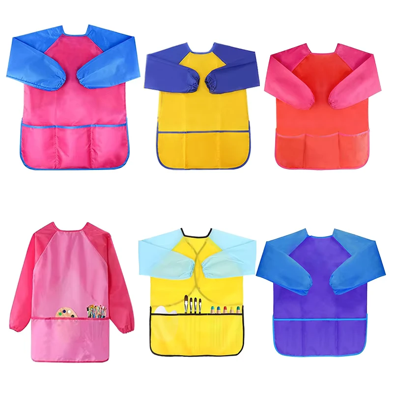 Customized-Logo-Art-School-Apron-Smock-Long-Sleeve-Drawing-Apron-Kids-Painting-Three-Pockets-Yellow-Red-Blue-Pink-Sizes