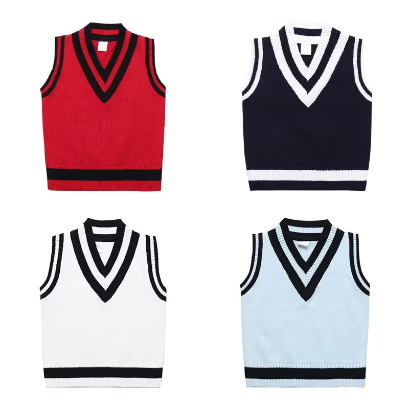 Customized-Logo-V-Neck-Boy-Girls-School-Cardigan-Navy-Red-Colors-Plain-Knitting-Pattern-School-Sweater-Vest