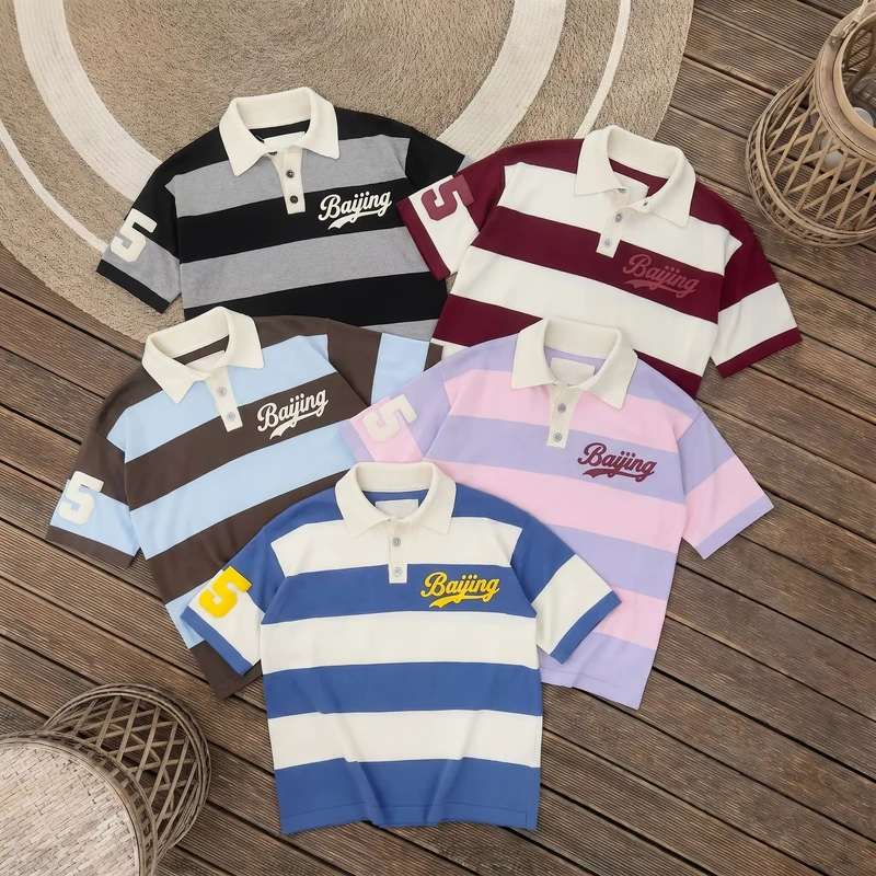 Customized-Mens-Retro-Heavyweight-Striped-Polo-Shirt-Embroidery-Logo-Block-Stripes-Contrast-Collar-for-School