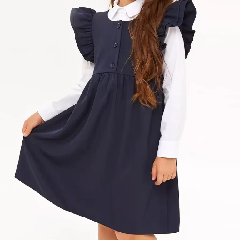 Customized-Retro-Student-School-Uniform-Pullover-Dress-for-Girls-Ruffled-Bow-Woven-Fabric