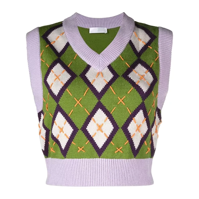 Customized-Women-Summer-Applique-Knit-Undershirt-Plaid-Sleeveless-College-Style-School-Uniform-Knit-Sweater