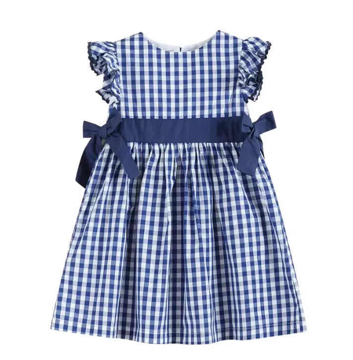 Delpnana-Boutique-Navy-Blue-Plaid-Gingham-Ruffle-Sleeves-Knee-Length-School-Pinafore-Dress-with-Side-Bow-Tie