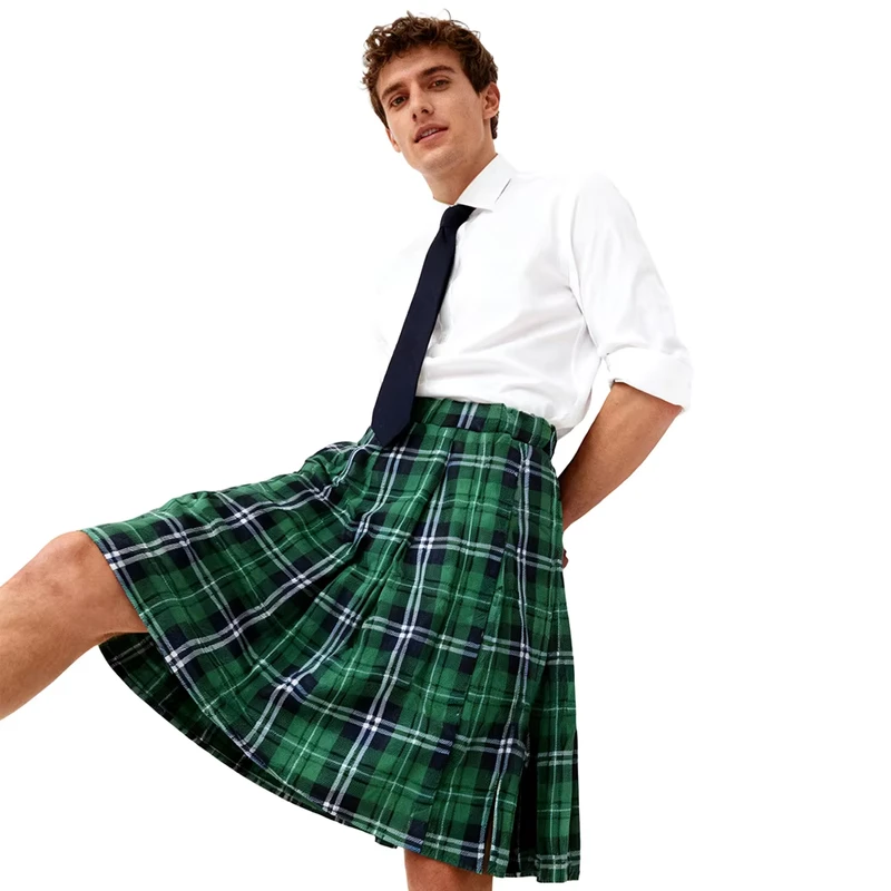 Direct-Factory-Supply-Adult-Unisex-Cosplay-Event-Costume-Classic-School-Inspired-Green-Grid-Flowing-Pleated-Plaid-Elastic-Waist