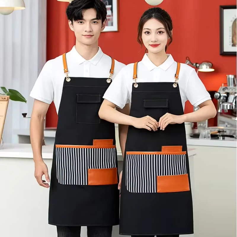 Durable-Fashionable-Oil-Stain-Resistant-Sleeveless-Polyester-Cotton-Canvas-Apron-Uniform-with-Multiple-Pockets-for-Servers-Cafes-Milk