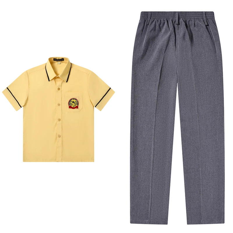 Elementary-Primary-Student-School-Uniform-Pants-Set-Dark-Gray-Trousers-Yellow-Shirt-Set-for-Kids
