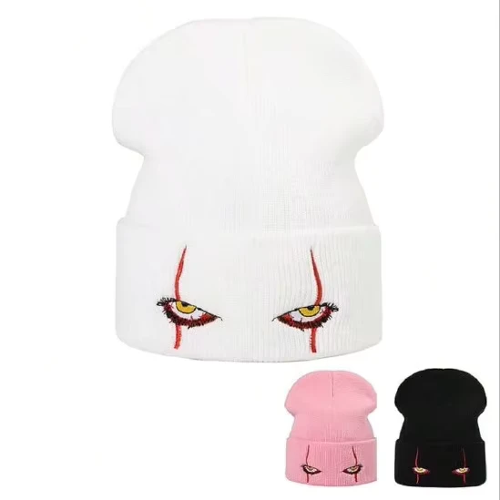Embroidered-Scary-Eyes-Knit-Beanie-Hat-Dancing-Clown-Wool-Watch-Cap-Stretch-Cuff-Hats-for-Men-Women-Kids