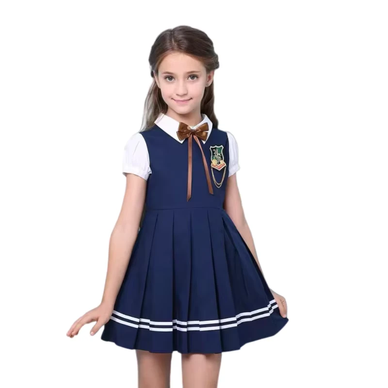 FUYI-English-Style-Primary-School-Uniforms-Summer-Dress-Pinafore-Short-Sleeves-Complimentary-Class-Uniform