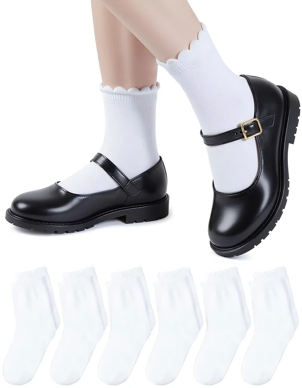 Factory-6-Pairs-Girls-White-Ruffle-Socks-School-Uniform-Dress-Socks-for-Kids-Seamless-Crew-Ankle-Cotton