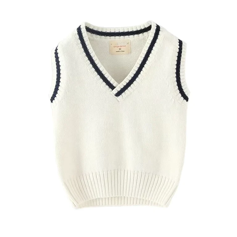 Factory-Custom-OEM-ODM-School-Uniform-Kids-White-Sweater-Vest-Knitted-V-neck-Sleeveless-Striped-Cardigan-Jumper