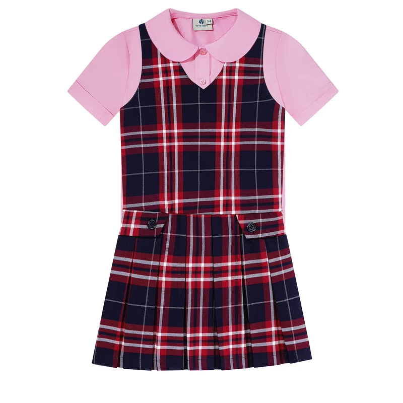 Factory-Customized-Pink-School-Uniform-Pinafores-Shirt-Suit-Red-Plaid-Dresses-School-Jumper-Uniform-Set-for-Student-Girls