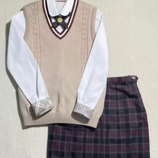 Factory-Direct-Custom-Girls-School-Uniform-Set-Knitted-Polyester-Vest-with-Plaid-Skirt-White-Shirt-Bowtie-for-Children