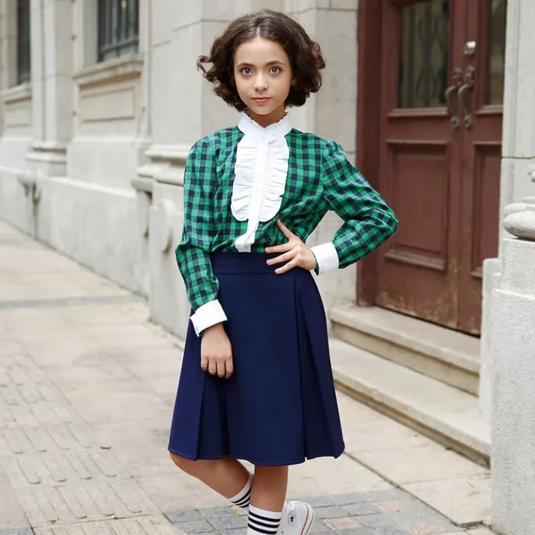 Factory-Price-Primary-School-Uniforms-Green-Eco-friendly-Plaid-Shirt-and-Pleated-Skirt-Set-for-Girls-Customizable-Sizes