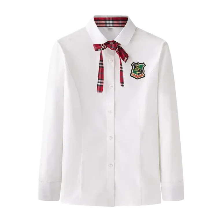 Fashion-White-Cotton-Polyester-Shirt-with-Red-Checked-Bow-Collar-Cuff-Breathable-Slim-Fit-for-Children-Girls-School-Uniform-Tops