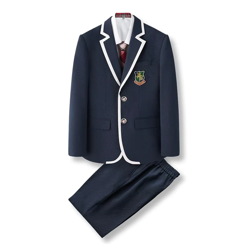 Fashionable-Polyester-Childrens-School-Uniform-Sets-Piping-Collar-Blazer-with-Skirt-and-Pants-Suits