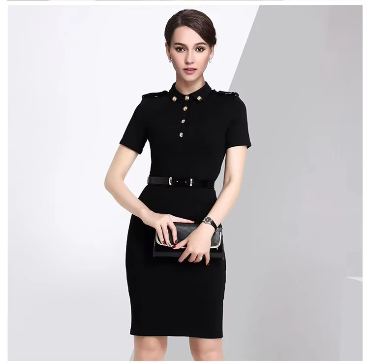 Formal-Teacher-Suits-Short-Sleeve-Single-Breasted-Ladies-Career-Dresses-With-Belt
