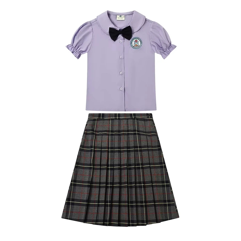 Girl-Wear-Set-for-Student-Uniform-Girls-Purple-Blouse-Plaid-Skirt-Set-Plaid-Dress-Short-Sleeved-Skirt-School-Uniform-Set