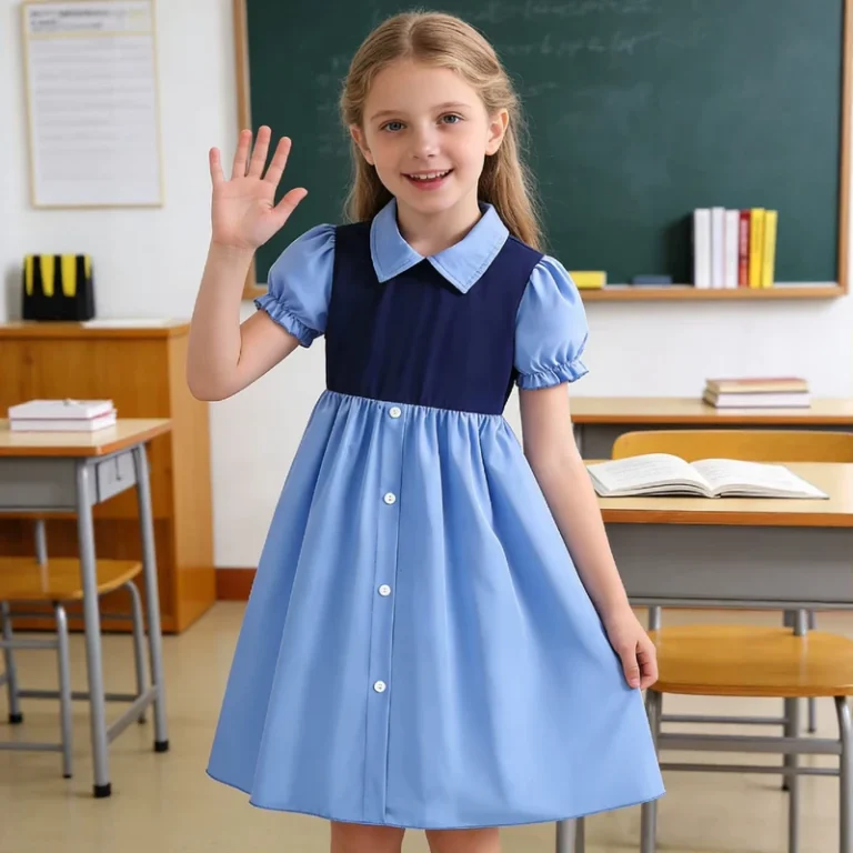 Girls-Academic-Style-Flare-Sleeve-Round-Neck-Knitted-Print-Summer-Children-A-line-Knee-length-Button-Skirt-Student-Uniform-Dress